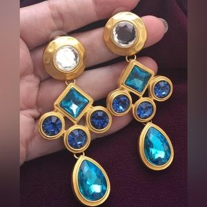 New long blue crystal pierced gold tone earrings runway